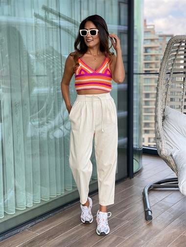 Taş Beli Örgü Kemerli Kadın Pantolon