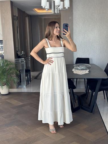 Taş Brode Detaylı Askılı Kare Yaka Astarlı Kadın Elbise