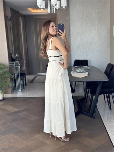 Taş Brode Detaylı Askılı Kare Yaka Astarlı Kadın Elbise