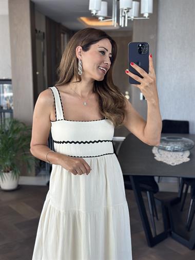 Taş Brode Detaylı Askılı Kare Yaka Astarlı Kadın Elbise