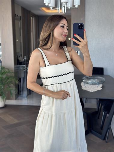 Taş Brode Detaylı Askılı Kare Yaka Astarlı Kadın Elbise