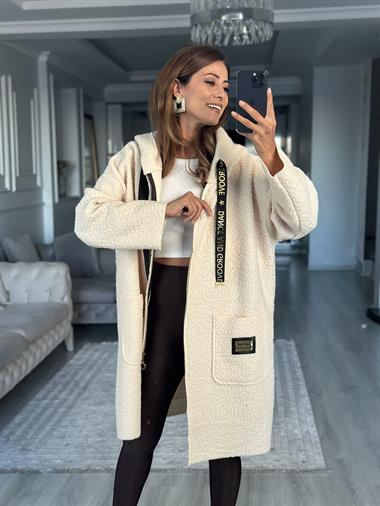 Taş Buklet Kapüşonlu Cepli Fermaurlı Kadın Hırka