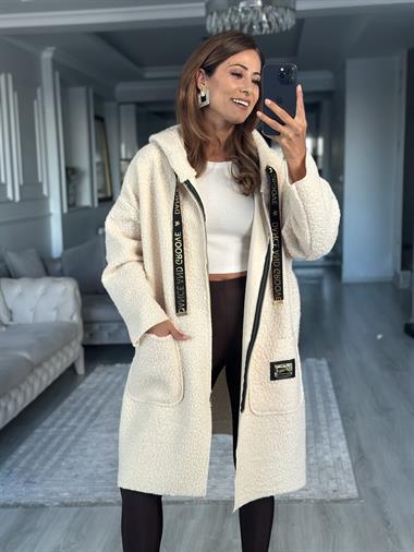 Taş Buklet Kapüşonlu Cepli Fermaurlı Kadın Hırka