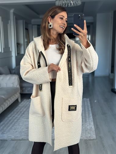 Taş Buklet Kapüşonlu Cepli Fermaurlı Kadın Hırka