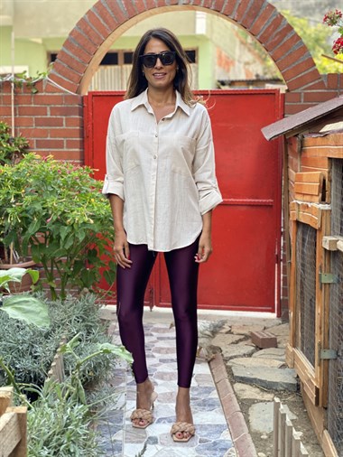 Taş Çift Cepli Flam Keten Kadın Gömlek