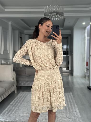 Taş Dantel Drapeli Kayık Yaka Uzun Kol Kadın Mini Elbise 