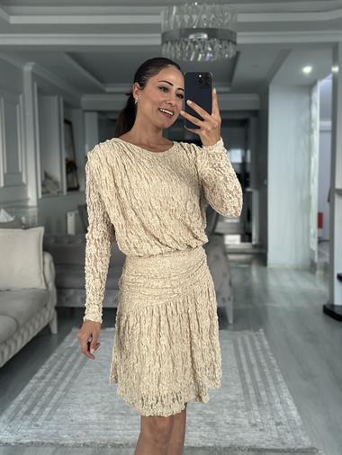 Taş Dantel Drapeli Kayık Yaka Uzun Kol Kadın Mini Elbise 