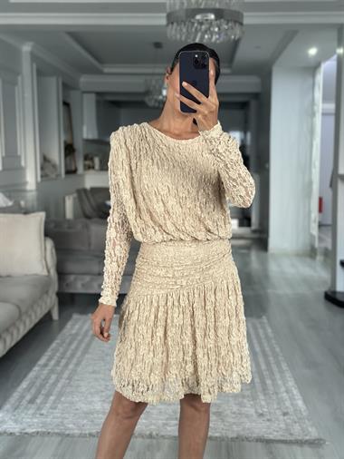 Taş Dantel Drapeli Kayık Yaka Uzun Kol Kadın Mini Elbise 