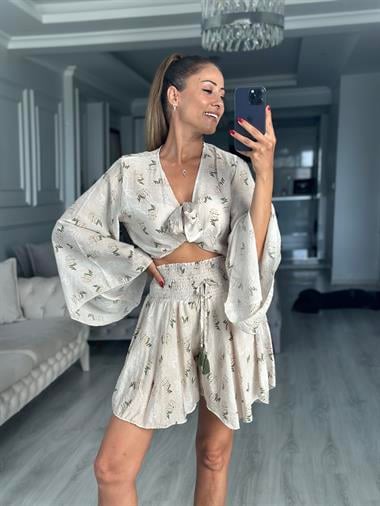 Taş Desenli Bağlamalı Bluz Beli Gipeli Şort Kadın Alt Üst Takım