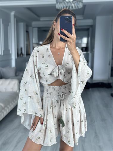 Taş Desenli Bağlamalı Bluz Beli Gipeli Şort Kadın Alt Üst Takım