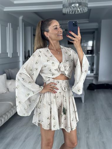 Taş Desenli Bağlamalı Bluz Beli Gipeli Şort Kadın Alt Üst Takım