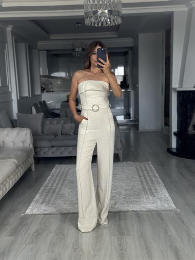 Taş Dikiş Detaylı Straplez Kadın Tulum