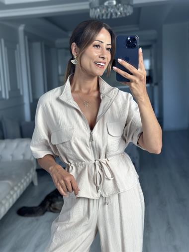 Taş Dokulu Beli Bağcıklı Ceket Pantolon Kadın Alt Üst Takım