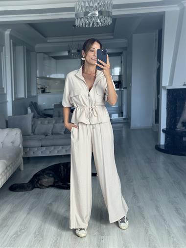 Taş Dokulu Beli Bağcıklı Ceket Pantolon Kadın Alt Üst Takım