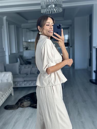 Taş Dokulu Beli Bağcıklı Ceket Pantolon Kadın Alt Üst Takım