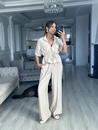 Taş Dokulu Beli Bağcıklı Ceket Pantolon Kadın Alt Üst Takım