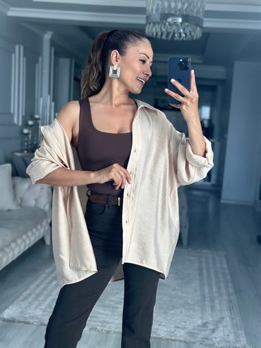 Taş Düşük Omuzlu Oversize Kadın Gömlek