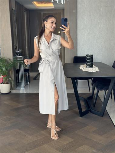 Taş Gizli İlik Detay Sıfır Kol Kuşaklı Midiboy Kadın Gömlek Elbise 