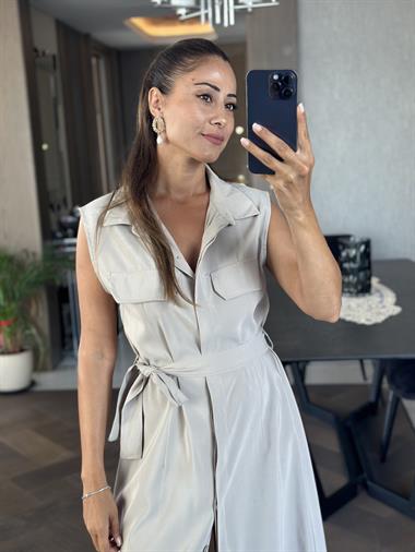 Taş Gizli İlik Detay Sıfır Kol Kuşaklı Midiboy Kadın Gömlek Elbise 