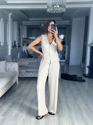 Taş Gofre Yelek Pantolon Kadın Alt Üst Takım