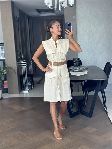 Taş Hakim Yaka Kemerli Dört Cepli Keten Kadın Mini Elbise