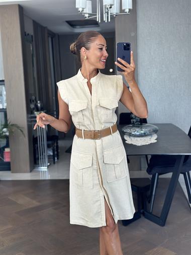 Taş Hakim Yaka Kemerli Dört Cepli Keten Kadın Mini Elbise