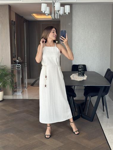 Taş Ham Keten Yüzücü Yaka Askılı Kemerli Kadın Elbise 