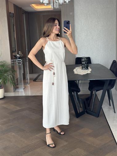 Taş Ham Keten Yüzücü Yaka Askılı Kemerli Kadın Elbise 