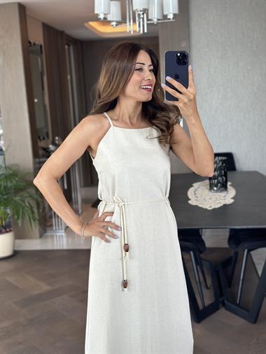 Taş Ham Keten Yüzücü Yaka Askılı Kemerli Kadın Elbise 
