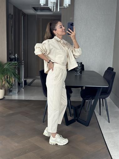 Taş İki Cepli Gömlek Pantolon Kadın İkili Takım