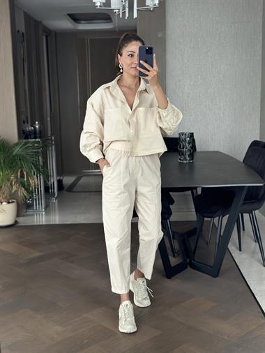 Taş İki Cepli Gömlek Pantolon Kadın İkili Takım