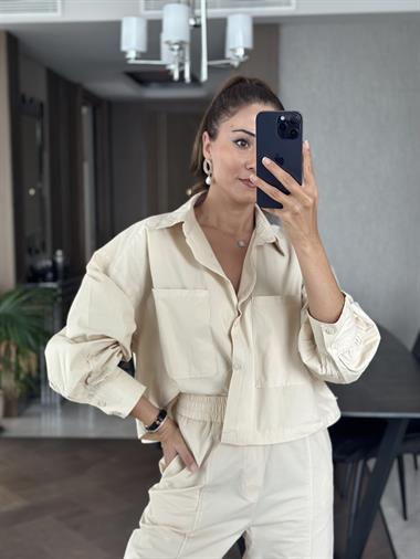 Taş İki Cepli Gömlek Pantolon Kadın İkili Takım