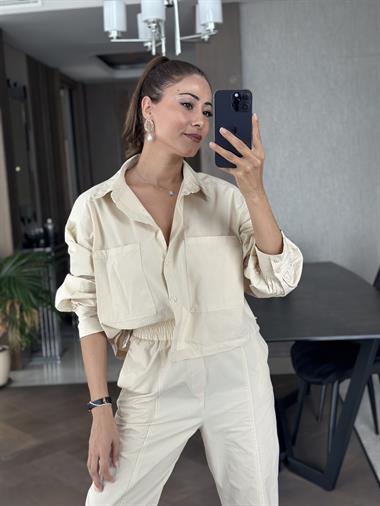 Taş İki Cepli Gömlek Pantolon Kadın İkili Takım