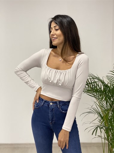 Taş Kare Yaka Önü Drapeli Crop Kadın Bluz