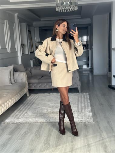 Taş Kaşe Deri Detaylı Kadın Mini Etek