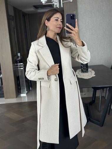 Taş Kaşe Kuşaklı Tek Düğmeli Kadın Kaban