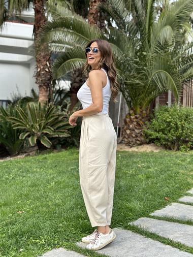 Taş Kemeri Midye Detay Cepli Gabardin  Kadın Şalvar Pantolon