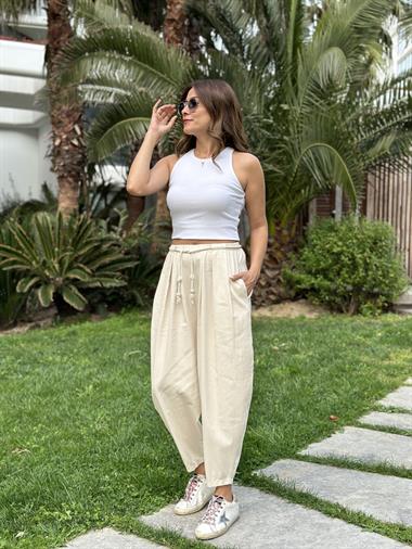 Taş Kemeri Midye Detay Cepli Gabardin  Kadın Şalvar Pantolon