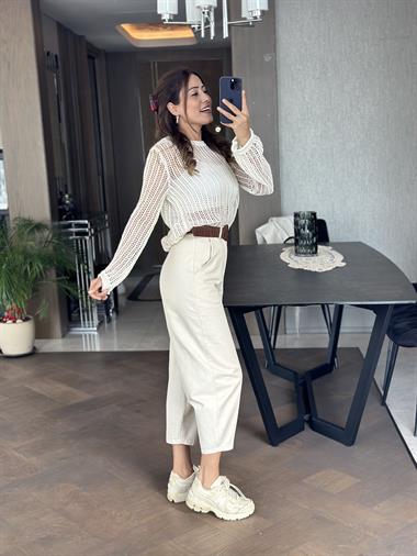 Taş Kemerli Önü Dikiş Detay Gabardin Kadın Pantolon