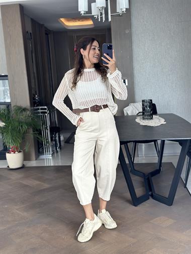Taş Kemerli Önü Dikiş Detay Gabardin Kadın Pantolon