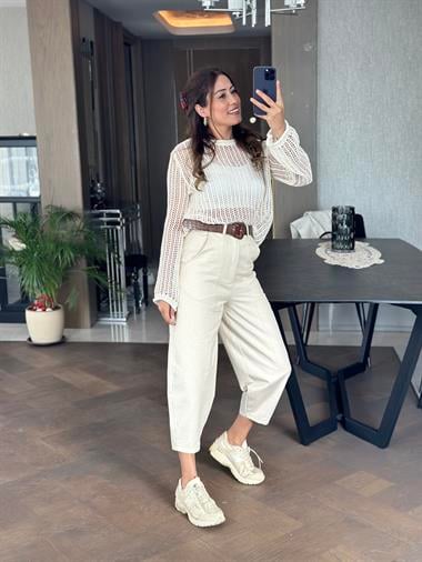 Taş Kemerli Önü Dikiş Detay Gabardin Kadın Pantolon