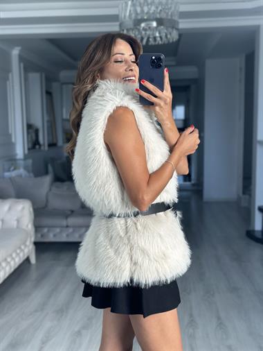 Taş Kemerli Sıfır Kol Kürk Kadın Yelek