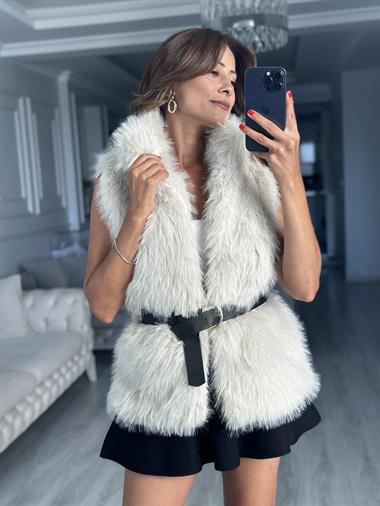 Taş Kemerli Sıfır Kol Kürk Kadın Yelek