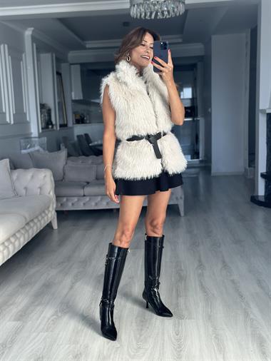 Taş Kemerli Sıfır Kol Kürk Kadın Yelek