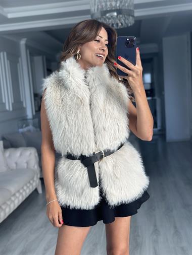 Taş Kemerli Sıfır Kol Kürk Kadın Yelek
