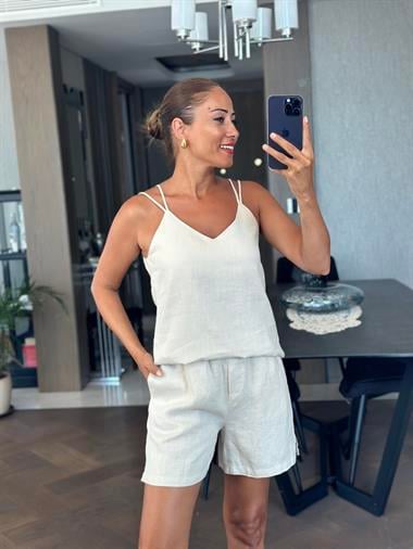 Taş Keten Çift Askılı Bluz Şort Kadın Alt Üst Takım