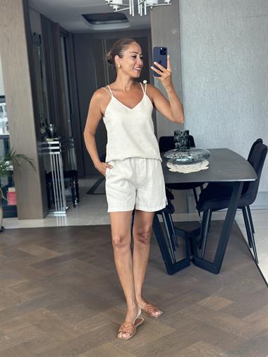 Taş Keten Çift Askılı Bluz Şort Kadın Alt Üst Takım