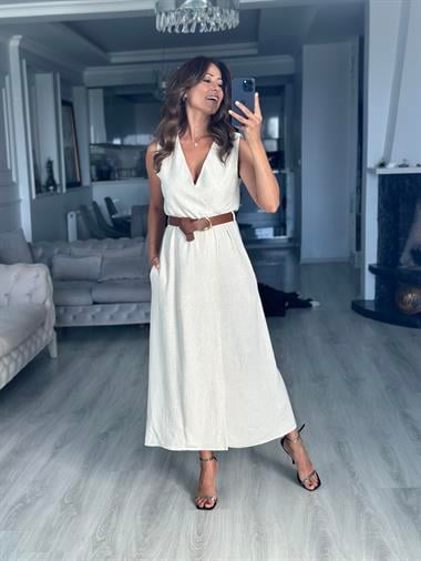 Taş Keten Tek Düğmeli Kemerli Kruvaze Midi Boy Kadın Elbise 