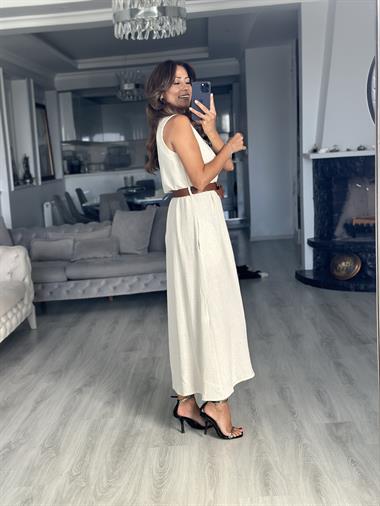 Taş Keten Tek Düğmeli Kemerli Kruvaze Midi Boy Kadın Elbise 