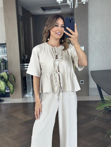 Taş Kısa Kol Önü Bağlamalı Bluz Cepsiz Pantolon Kadın İkili Takım